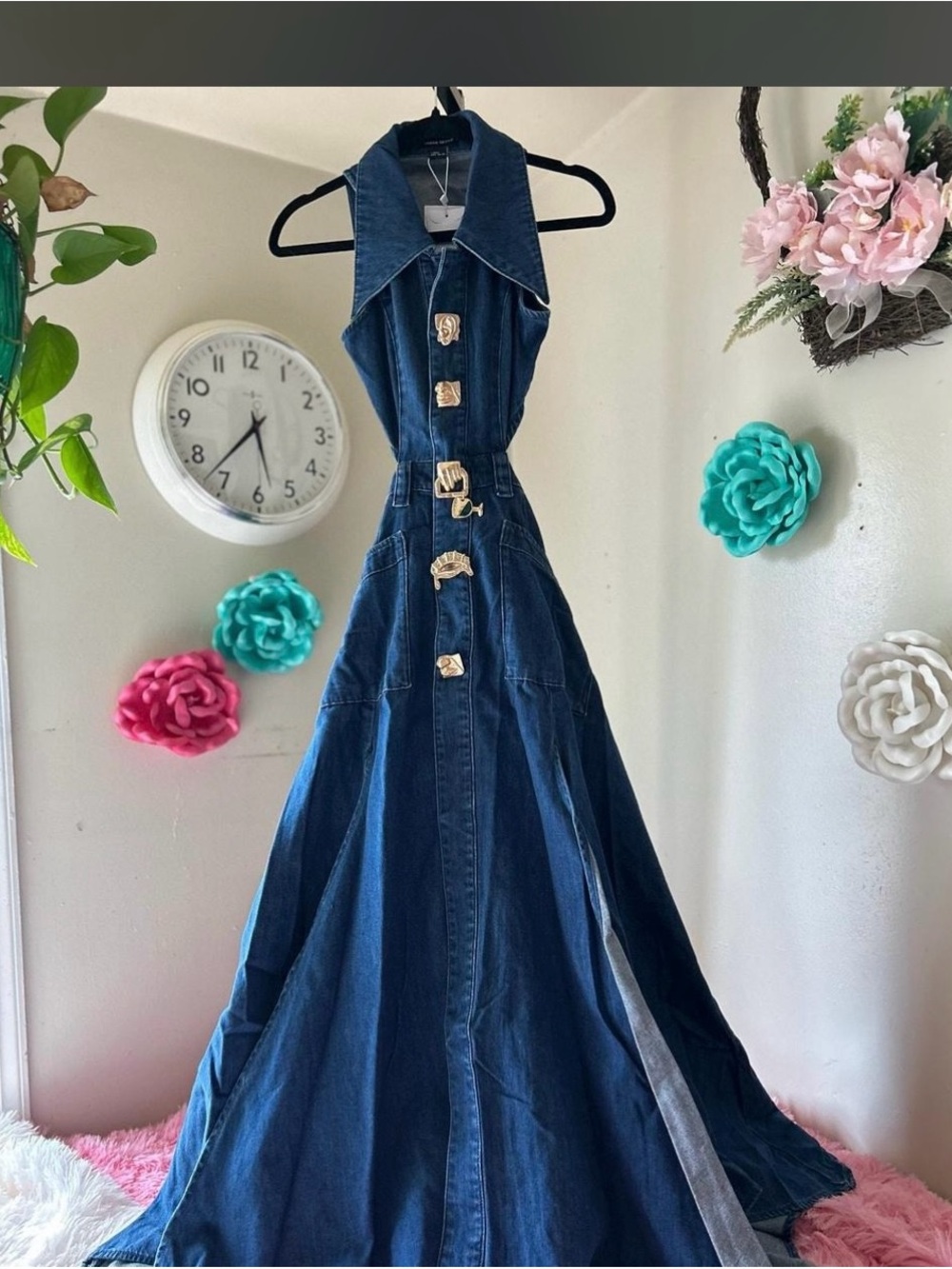 One left Dark Blue Denim Maxi Dress with Statement Buttons size 10 - Picture 5 of 8